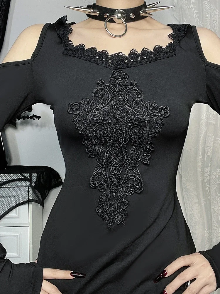 AltGoth Cyber Punk Mall Gothic Dress Women Streetwear Aesthetic Elegant Embroidery Long Sleeve Bodycon Hooded Dress Partywear - Imagen 5