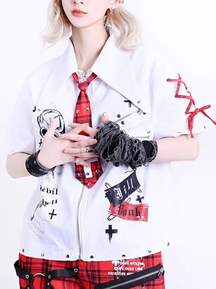 2025 Summer Womens Kill Matt Rock Punk Mens Clothes Japanese Graffiti Skull Clothing Rivet skull pattern short-sleeved shirt - Imagen 5