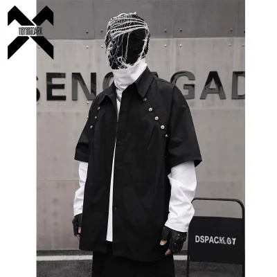 Men Functional Short Sleeve Shirts 2025 Spring Punk Gothic Shirt Coat Hip Hop Streetwear Men Black Tops Shirts Clothing