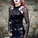 Punk Rock Spring Summer Hollow Strap Long Sleeve T-shirt Women's clothing Top Slim fit Splicing sexy mesh nightclub women's top