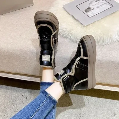 Female Booties Shoes Chunky Platform New In Padded Trend 2025 Ladies Ankle Snow Boots Gyaru Sale Comfortable and Elegant Work Pu