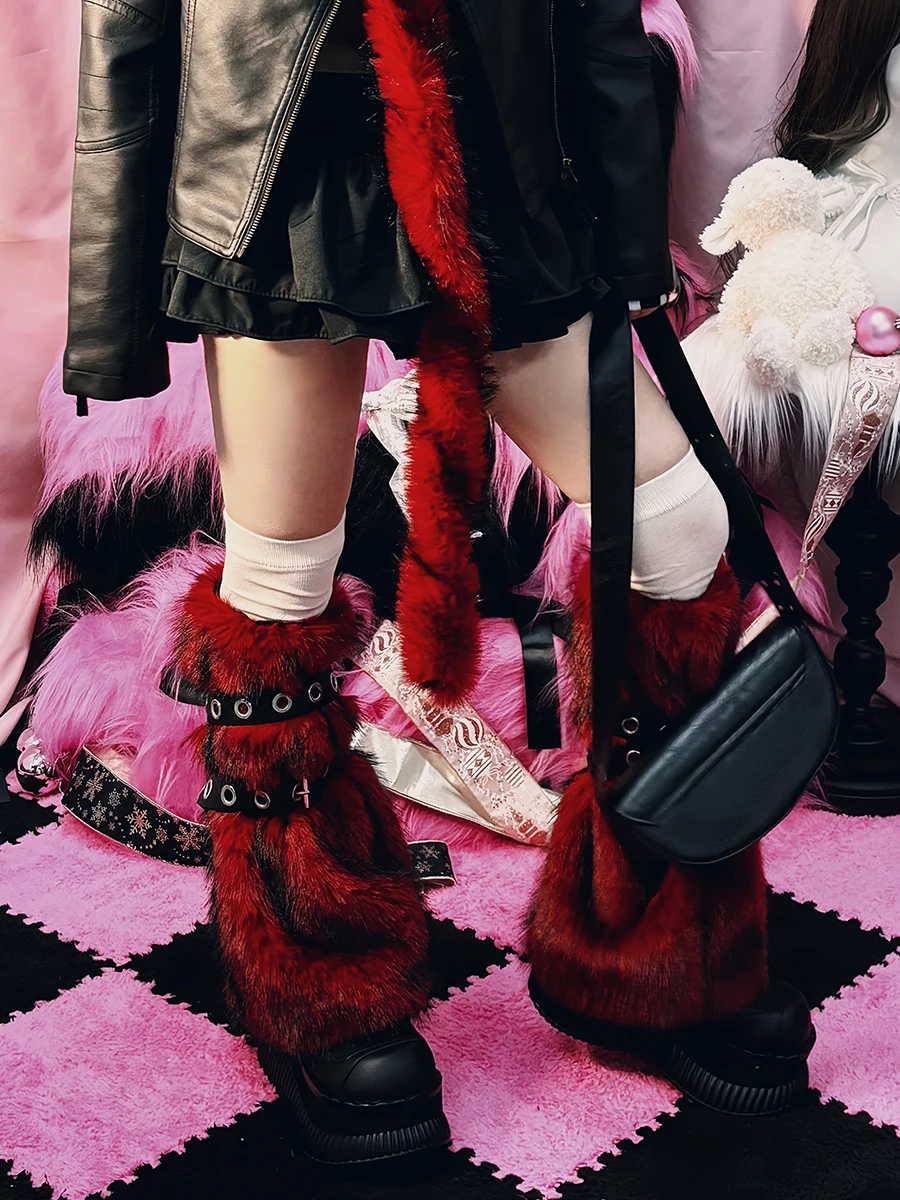 ReddaChic Women's Faux Fur Furry Leg Warmers Scarf Set Punk Grunge Leather Belt Boots Cover Winter Gyaru Y2k Harajuku Streetwear - Imagen 5