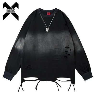 Vintage Shirt Y2K Washed Gradient Long Sleeve Tshirt Streetwear Men Hip Hop Harajuku Punk Gothic Cotton Ripped Hole T-Shirt
