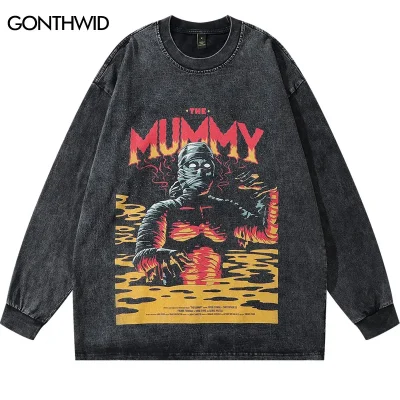 Vintage Men T-Shirts Streetwear Hip Hop Mummy Graphic Print Washed Tshirt Harajuku Long Sleeve Punk Gothic Oversize Tee Top