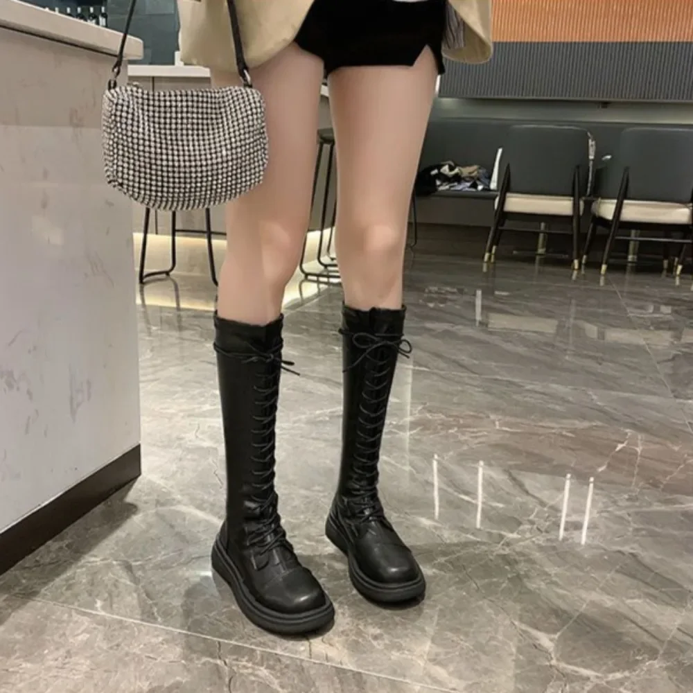 Long Boots for Women Platform Lace-up With Laces Knee High Shaft Shoes Woman New In Rock Pu Gyaru Gothic Fashion 2024 Hot Y2k 39 - Imagen 3