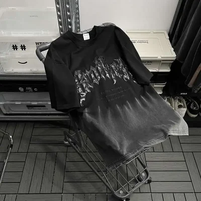 Man Women Gothic Punk T-shirt Summer Letter Embroidery Vintage Short Sleeve Men's American Style Gradient Loose Couple T-Shirt