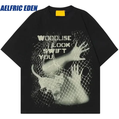 Aelfric Eden Hip Hop Oversized T-Shirt Grunge Shadow Cat Graphic Print Tshirt Harajuku Punk Gothic Shirts 2024 Cotton Loose Tops