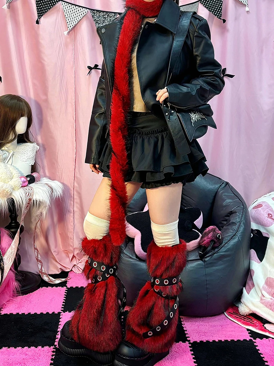 ReddaChic Women's Faux Fur Furry Leg Warmers Scarf Set Punk Grunge Leather Belt Boots Cover Winter Gyaru Y2k Harajuku Streetwear - Imagen 6