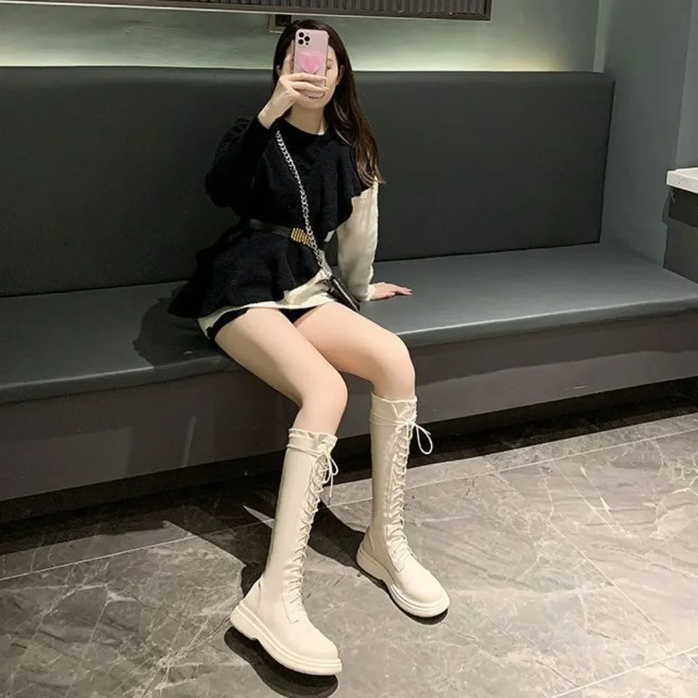 Long Boots for Women Platform Lace-up With Laces Knee High Shaft Shoes Woman New In Rock Pu Gyaru Gothic Fashion 2024 Hot Y2k 39 - Imagen 4