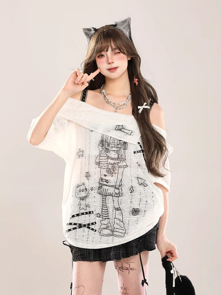 Punk Subculture Sweet Cool Girl Y2K Top Cartoon Print Off-shoulder Short Sleeve Loose Casual Versatile Tops T-shirt Women Summer - Imagen 6